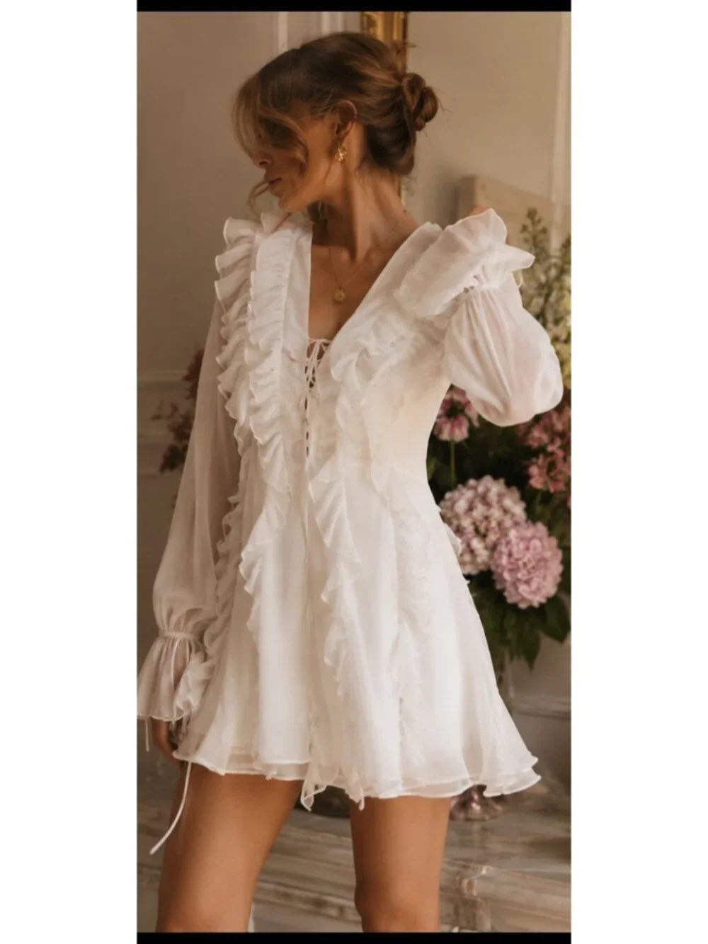 Endless Rose Long-Sleeve Chiffon Ruffle Mini Dress Size Large New With Tags